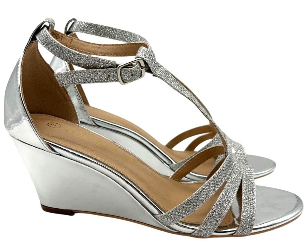 Allegra K Silver Glitter Strappy T-Strap Wedge Sandal Size 7 Evening Summer